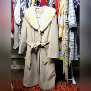 Vintage Felted Faux Fur Trim Trench Coat Jacket, Creme